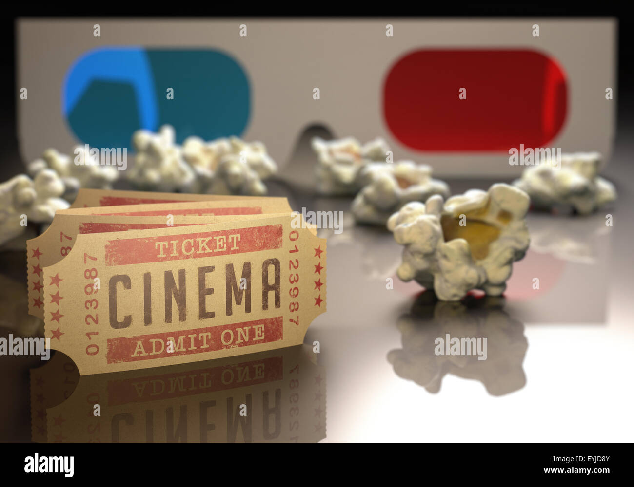 Kinokarte und 3D-Brille mit Popcorn verstreut. Stockfoto