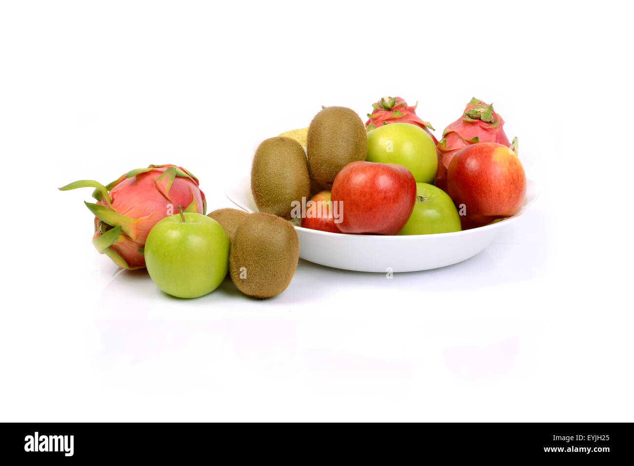 Alle Arten von Obst, Drachenfrucht, rotem und grünem Apfel, Kiwi und chinesische Birne gut für die Gesundheit. Stockfoto