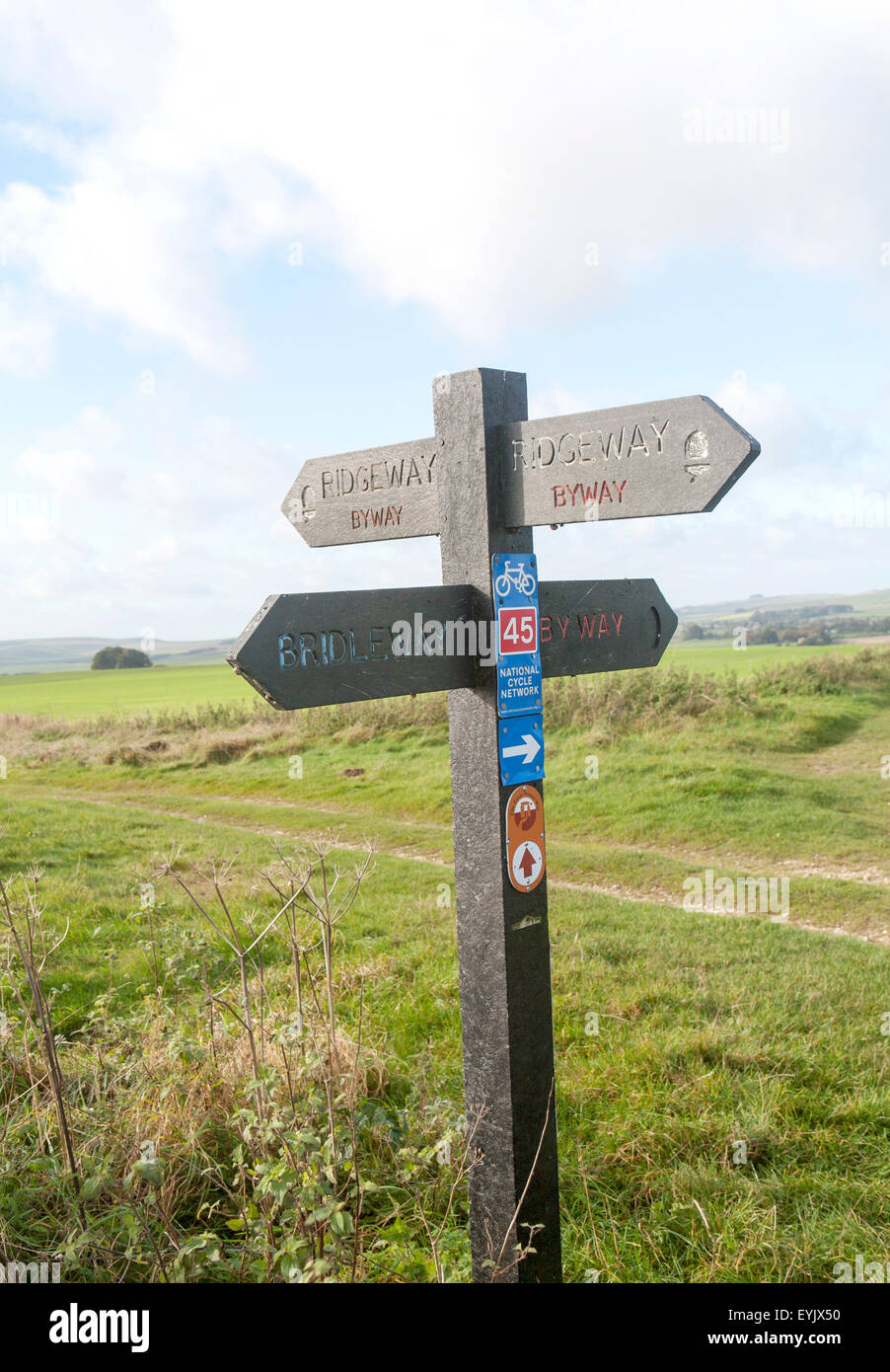 Richtungspfeil unterschreibt prähistorischen Ridgeway Langstrecke Art und Weise, in der Nähe von Overton Hill, Marlborough Downs, Wiltshire, England, UK Stockfoto