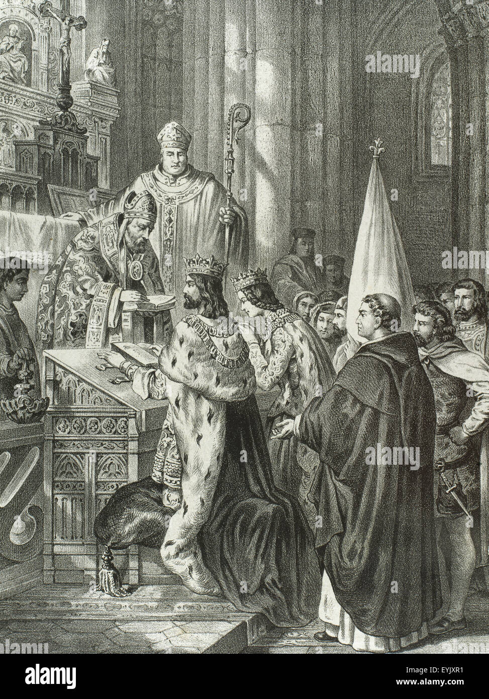 Alfons III. (c.848-910). Der große genannt. König von Asturien. Hochzeit zwischen König Alfons und Jimena von Pamplona (d.912). Gravur in Spanien Illustrated History, 19. Jahrhundert Stockfoto