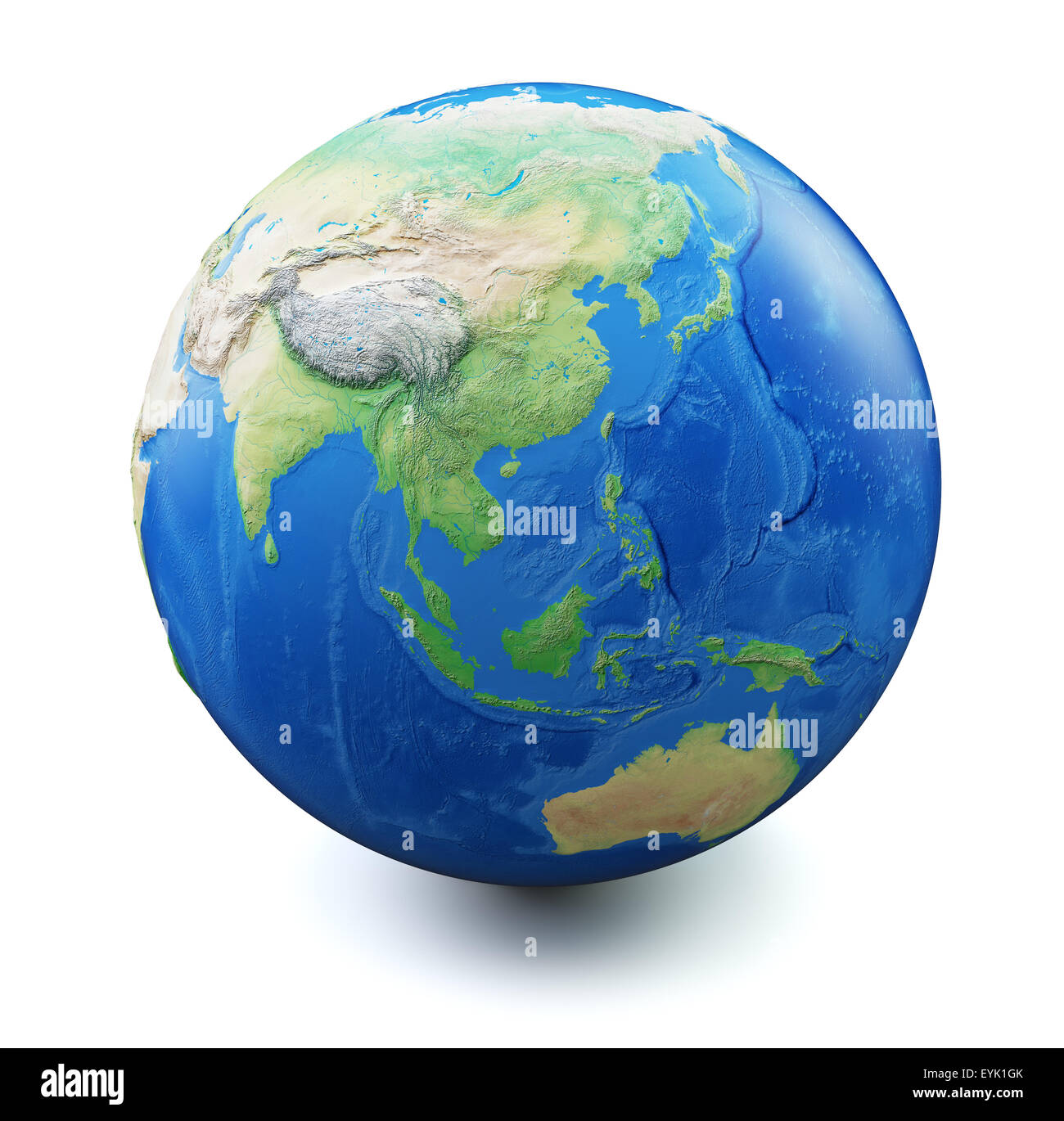 Erde isoliert auf weißem Hintergrund mit weichen Schatten. Fokus auf China, Südostasien, Australien, Oceania. Karte und Erde Datennutzung Stockfoto