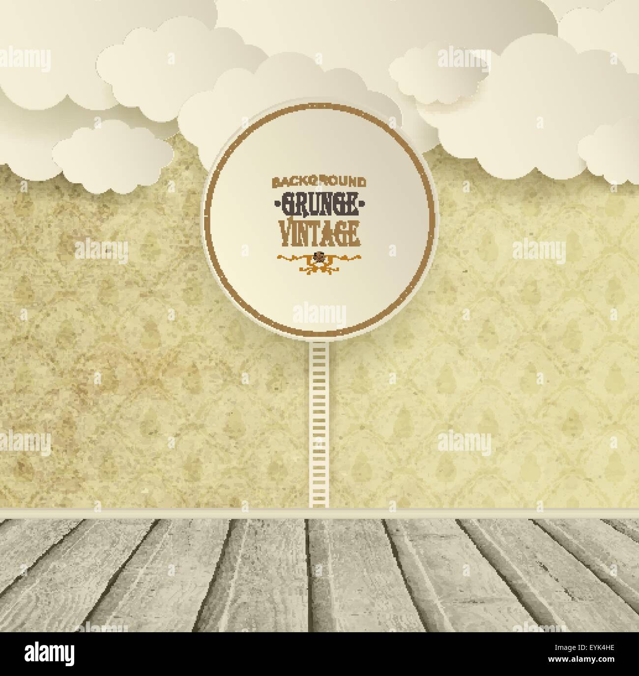 Vintage-Hintergrund mit Wolken, Holzboden und Platte Stock Vektor