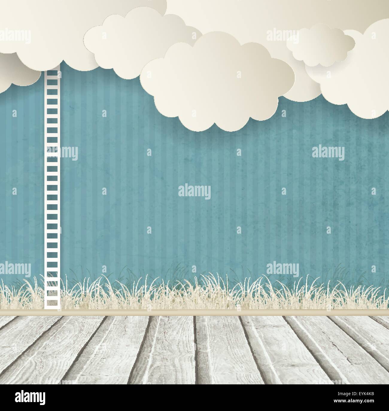 Vintage-Design mit Wolken, Leiter, Grass und Holzboden Stock Vektor
