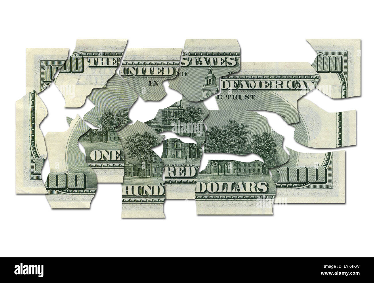 Business-Konzepte. Die Finanzkrise. Schneiden Sie das Geld auf weißem Hintergrund Stockfoto