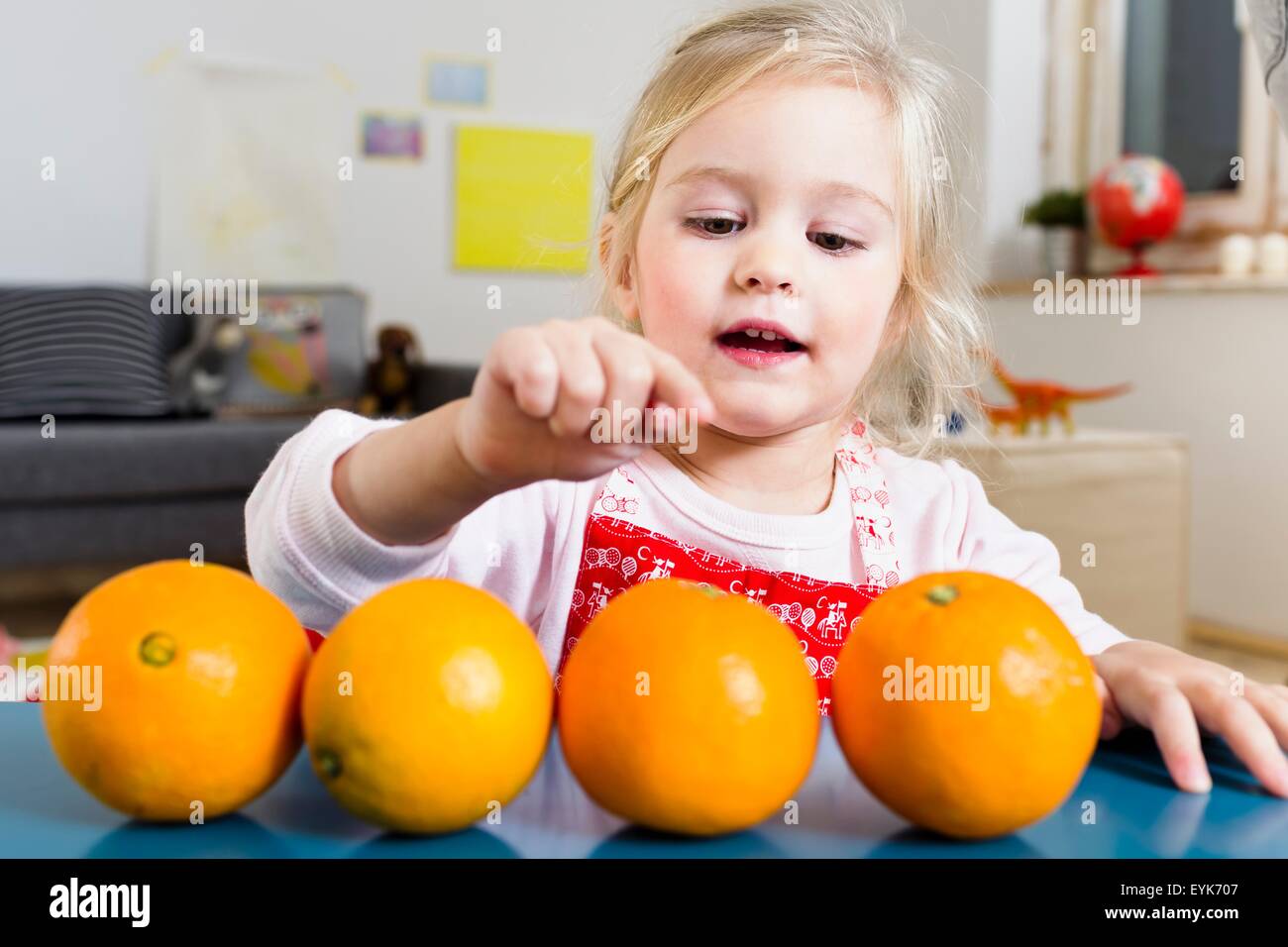 Mädchen zählen Orangen auf Tisch Stockfoto