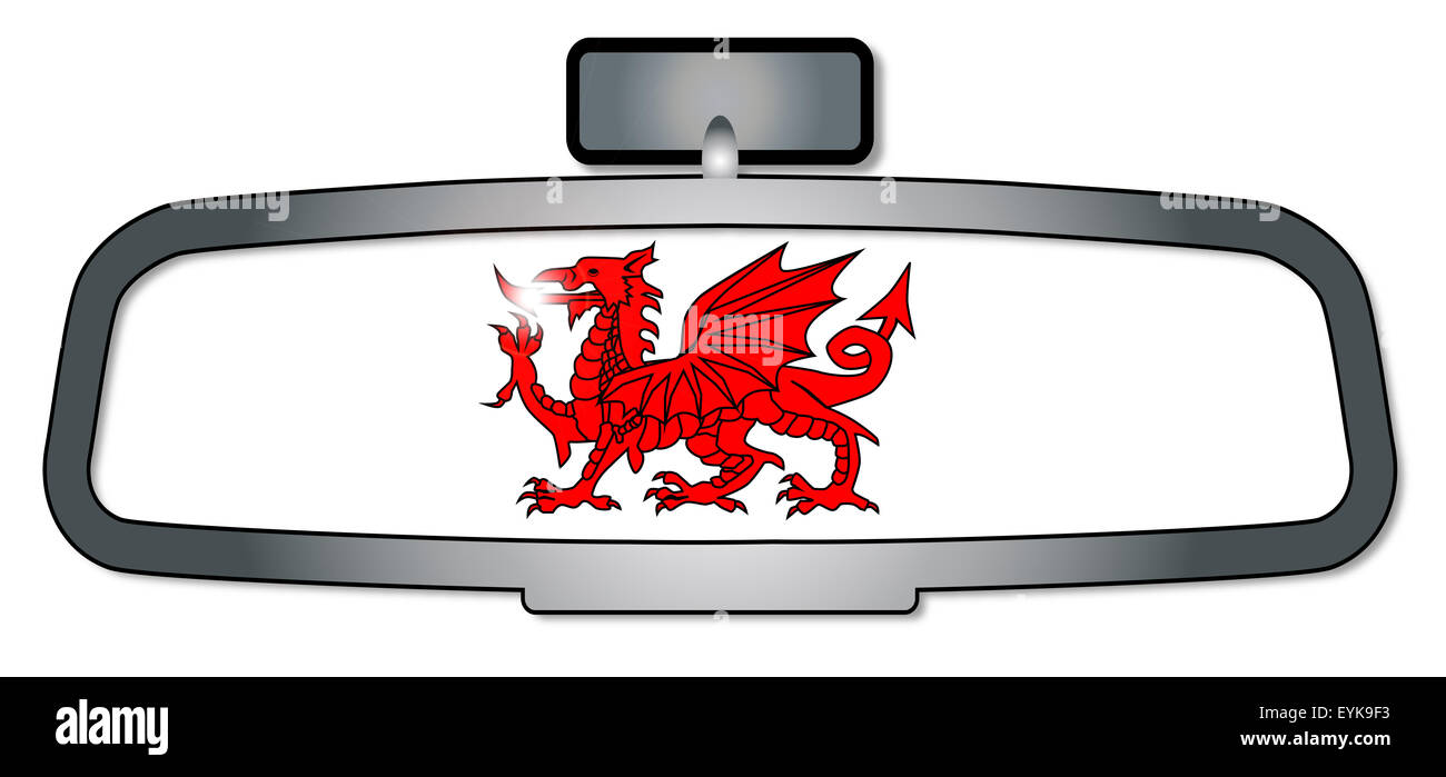 Ein Fahrzeug-Rückspiegel mit der rote Drache von Wales Stockfoto