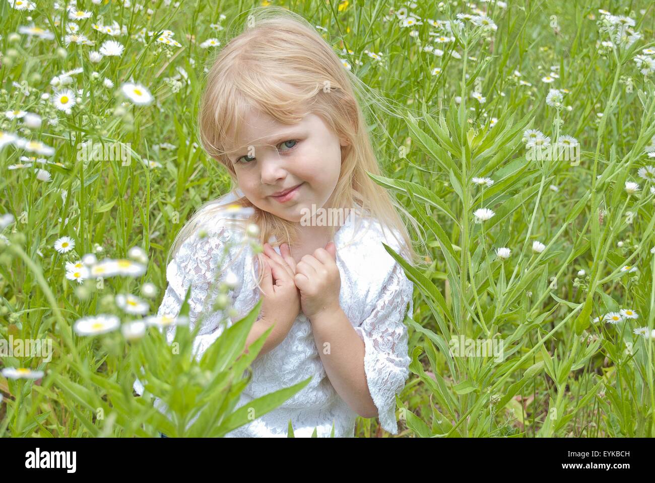 Kleines blondes Mädchen in einem Feld von wilden Gänseblümchen lächelnd. Stockfoto