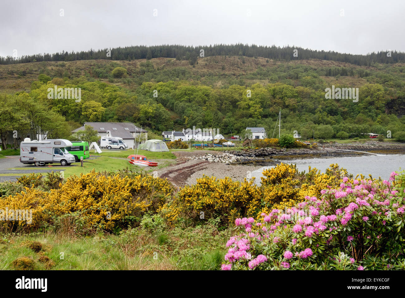 Campingplatz am Küste mit Blick auf Bucht und Sound of Mull. Craignure Isle of Mull Inneren Hebriden Western Isles Schottland UK Großbritannien Stockfoto