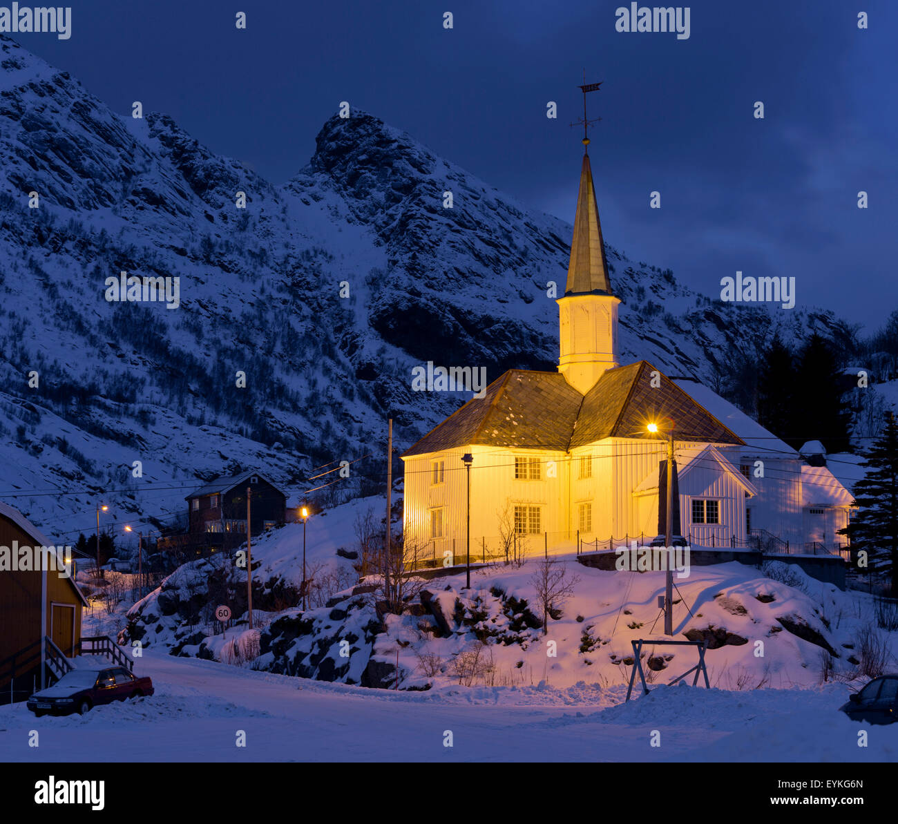 Kirche in Moskenes, Moskenesoya, Lofoten, Land im Norden, Norwegen Stockfoto