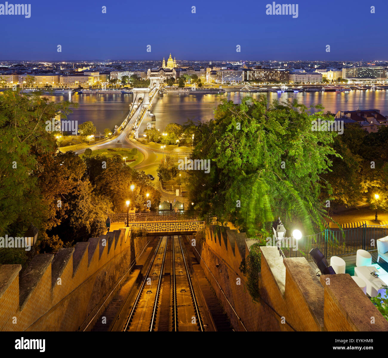 Sikló Standseilbahn, Kettenbrücke, St.-Stephans Basilika, Budapest, Ungarn Stockfoto