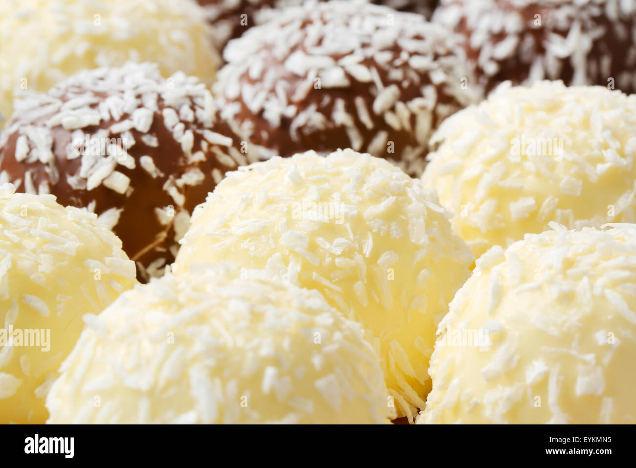 Schneeball Schokolade Trüffel gerollt in Kokosnuss Stockfoto