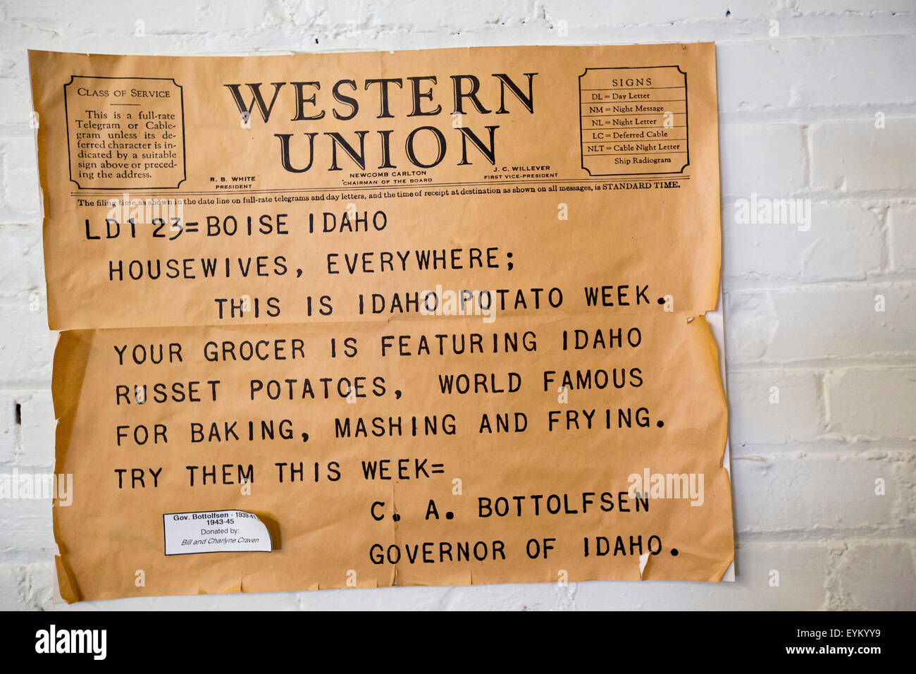 Blackfoot, Idaho - ein Telegramm an der Idaho Potato Museum angezeigt. Stockfoto