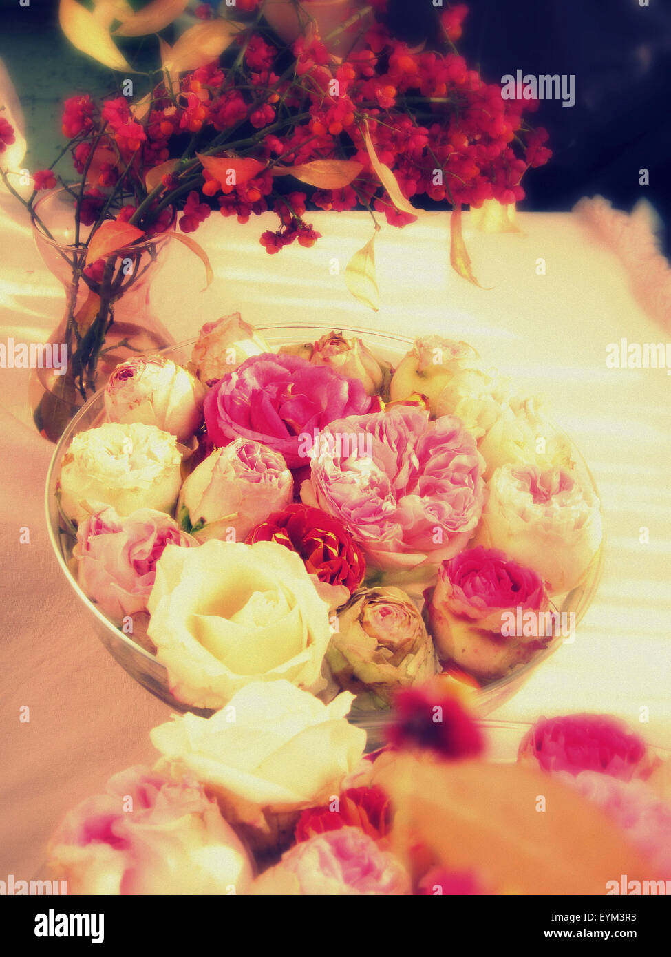 Tisch Dekoration, rosa Blüten in eine Schüssel, Vase, Zweige, Stockfoto