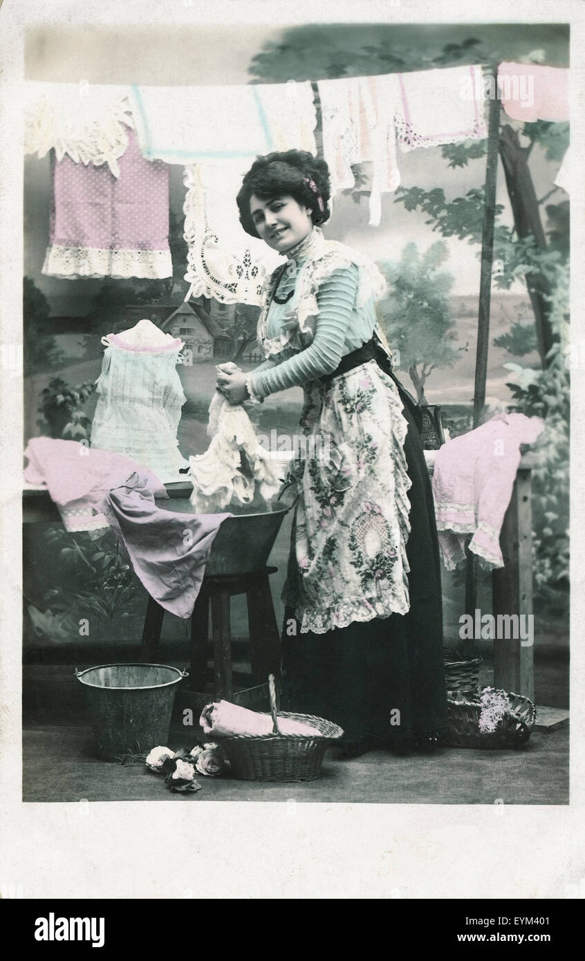 Postkarte, historisch, Frau, Tag, waschen Stockfoto