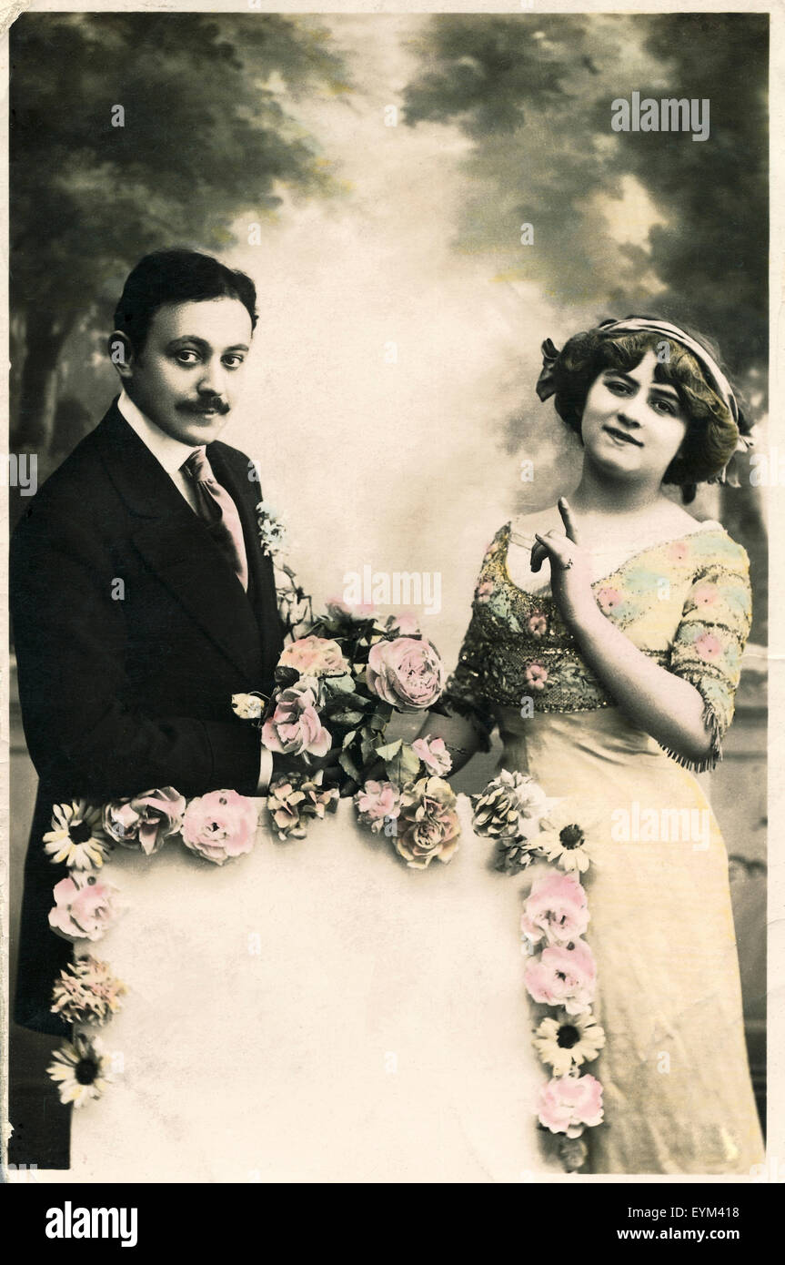 Postkarte, historisch, paar, Blumen, Hochzeit Foto, Stockfoto