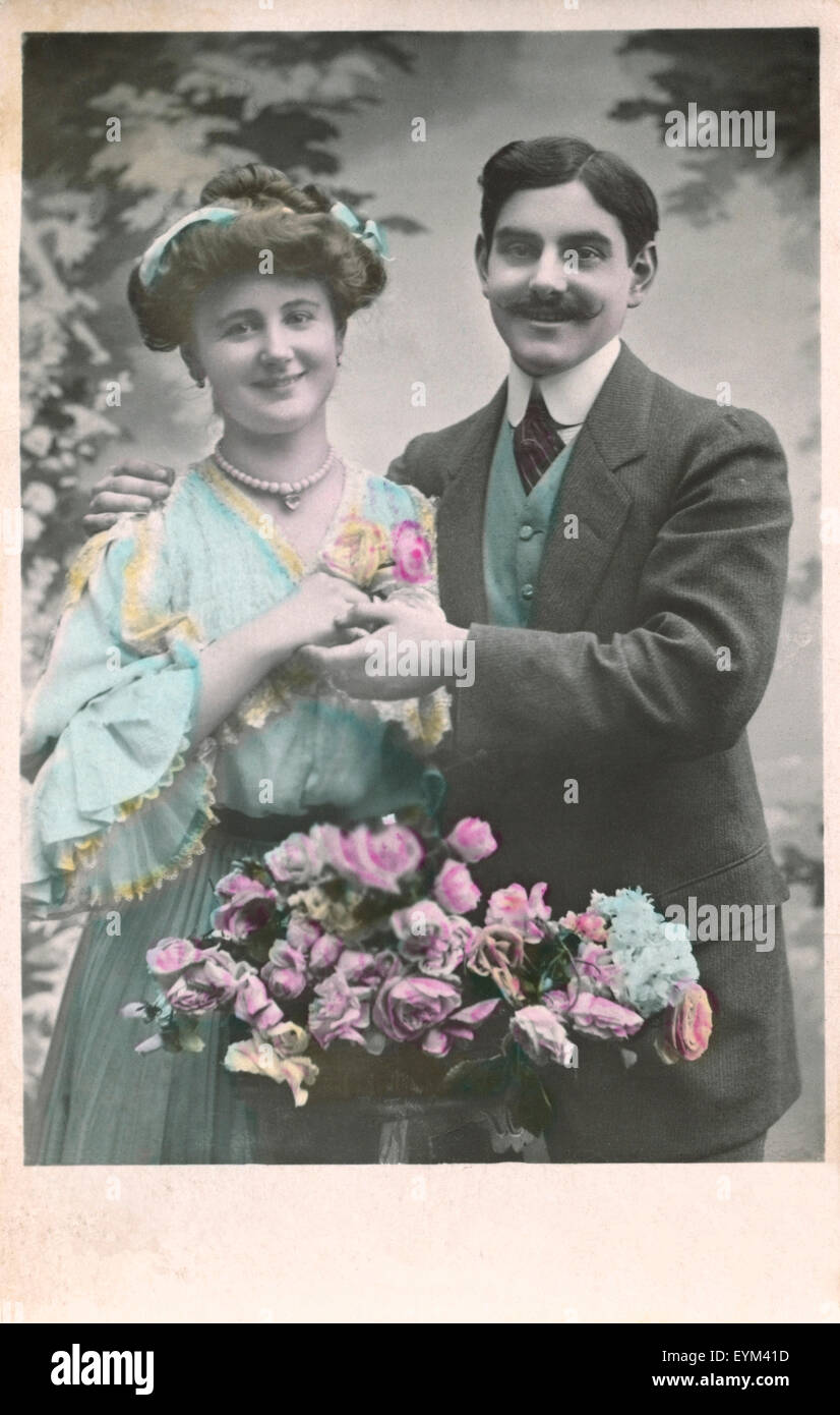 Postkarte, historisch, paar, Blumen, Hochzeit Foto, Stockfoto
