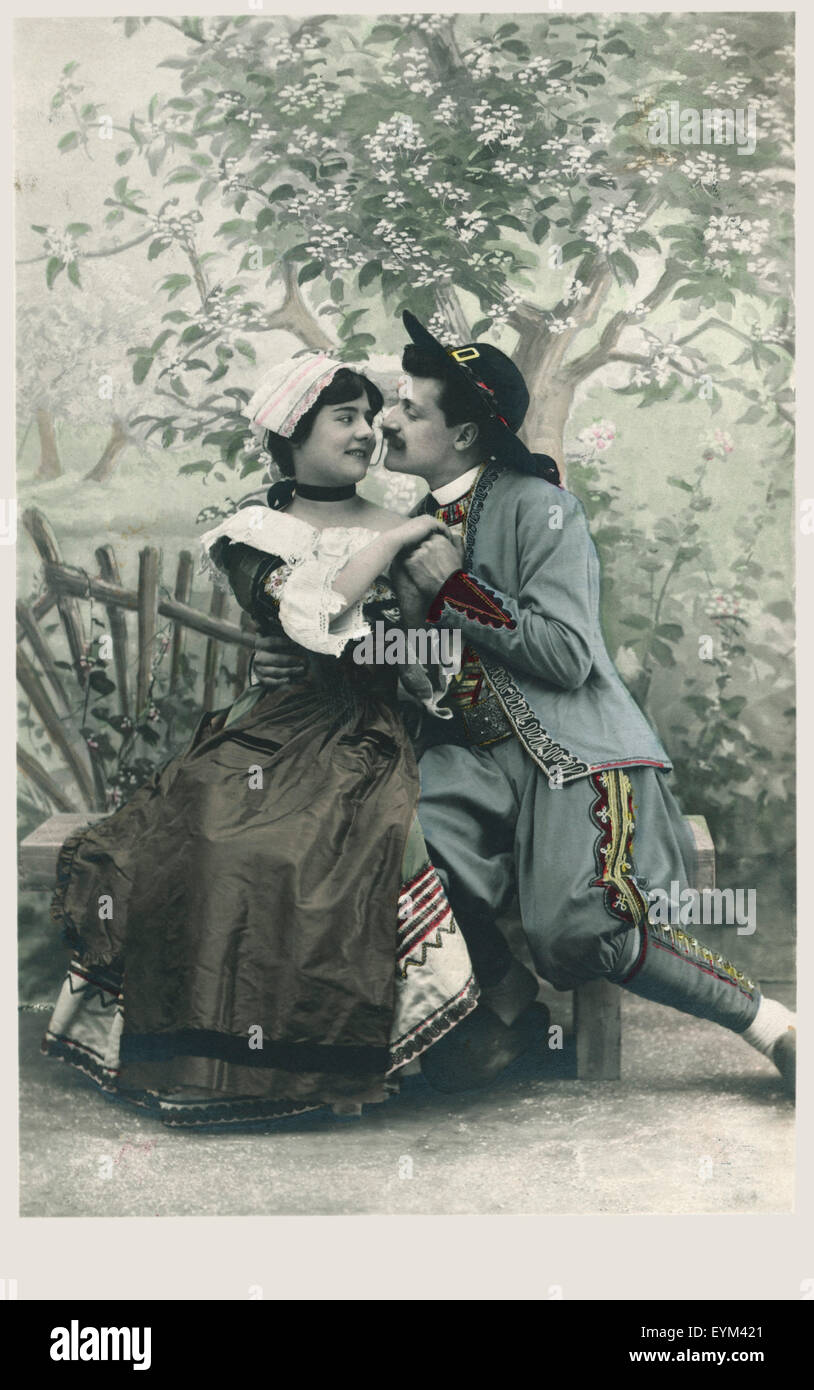 Postkarte, historisch, paar, verliebt sich in, Parkbank, Stockfoto