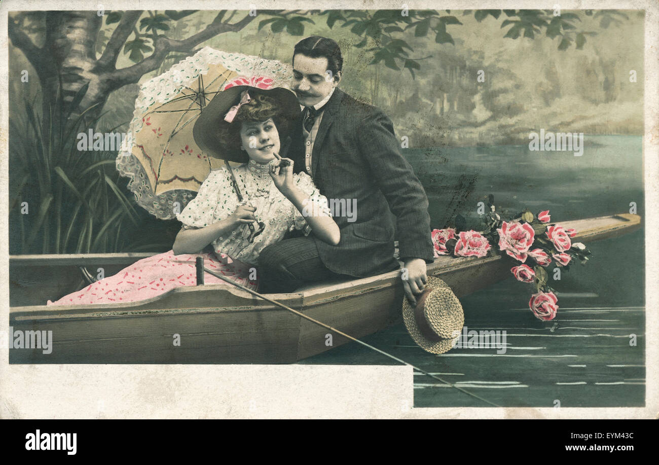 Postkarte, historisch, paar, Ruder Boot, romantisch, verliebt, Stockfoto