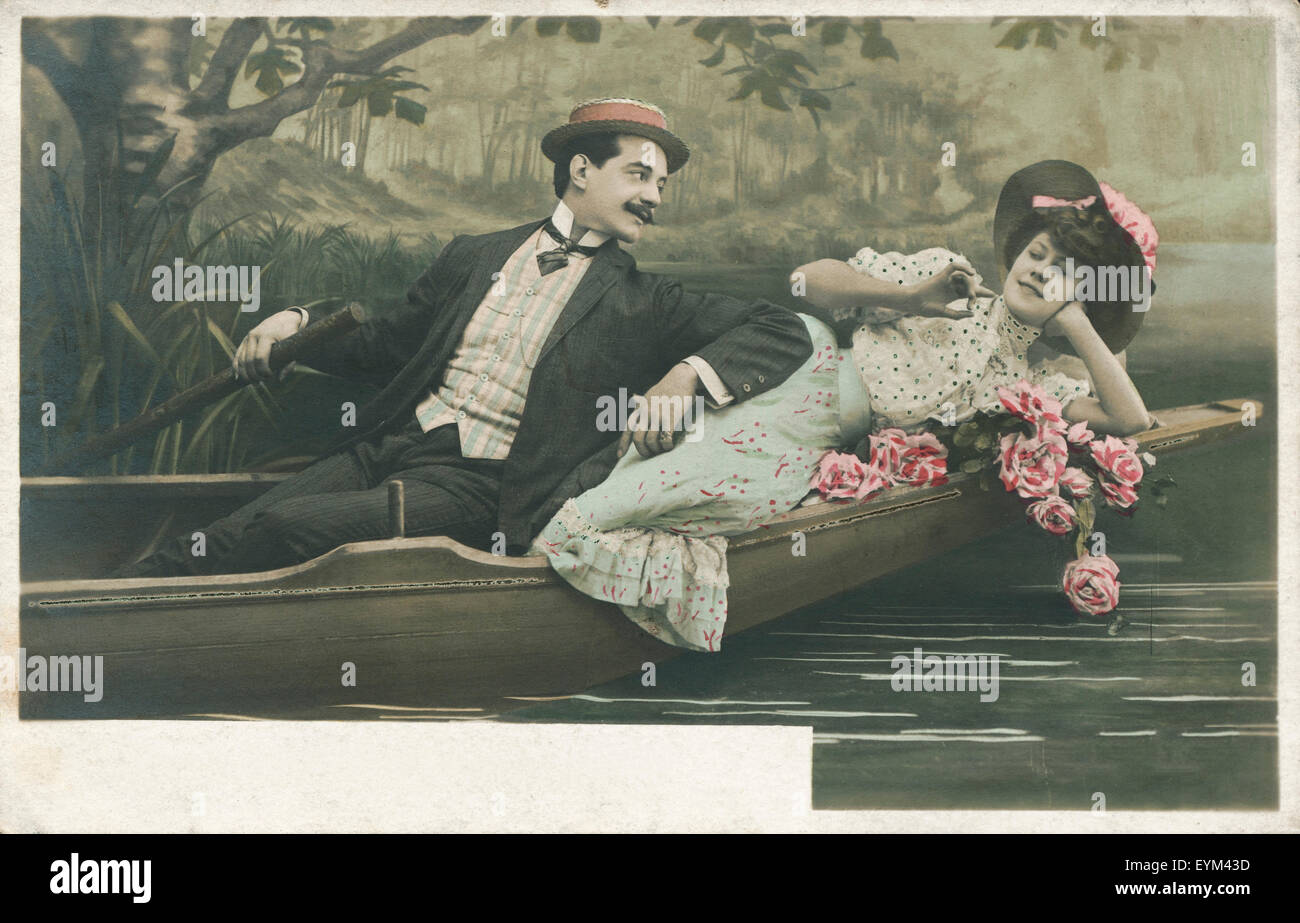 Postkarte, historisch, paar, Ruder Boot, romantisch, verliebt, Stockfoto