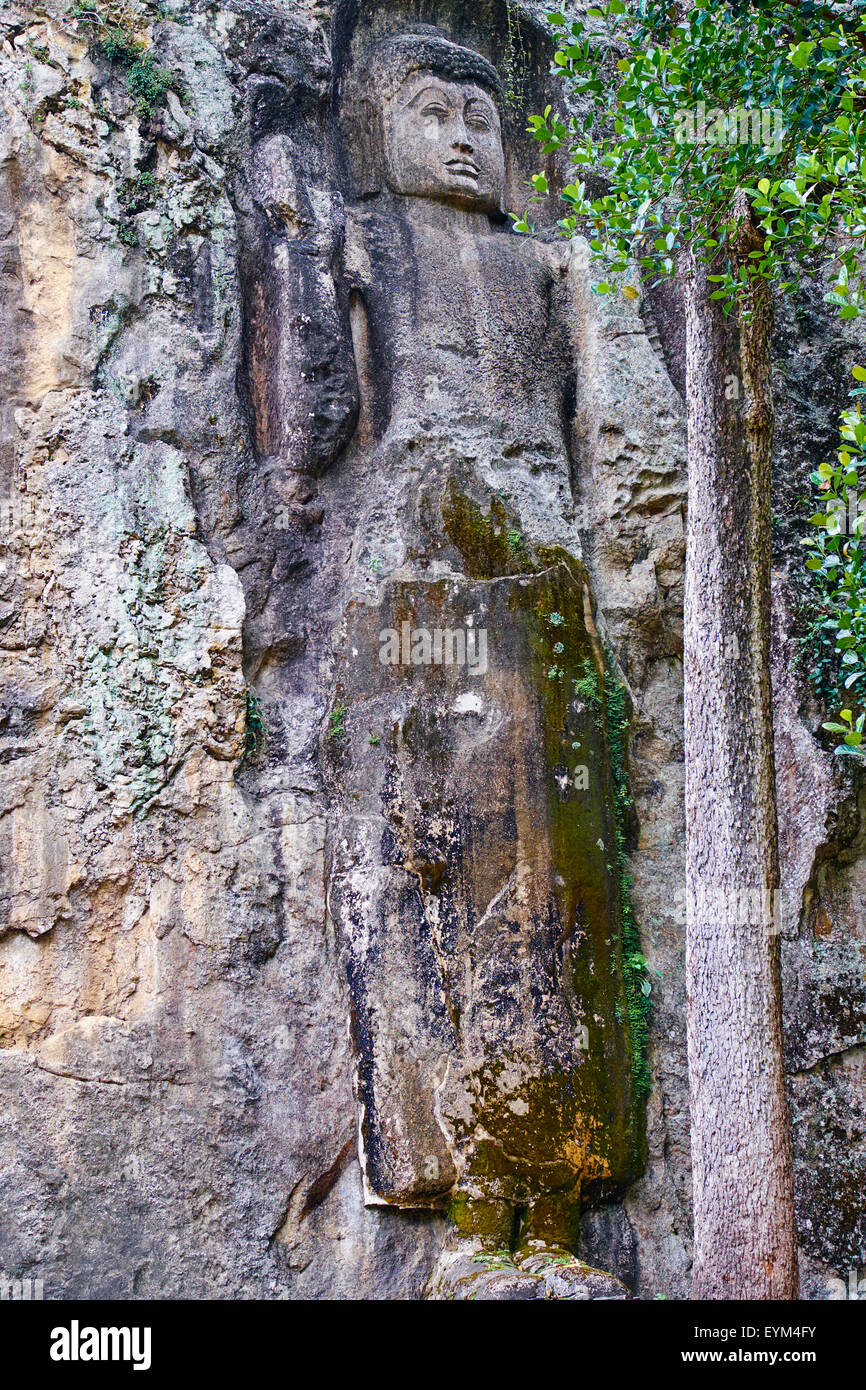 Sri Lanka, Ceylon, Central Province, Ella, Dowa Felsentempel, Buddha-Statue in einen Felsen gehauen Stockfoto