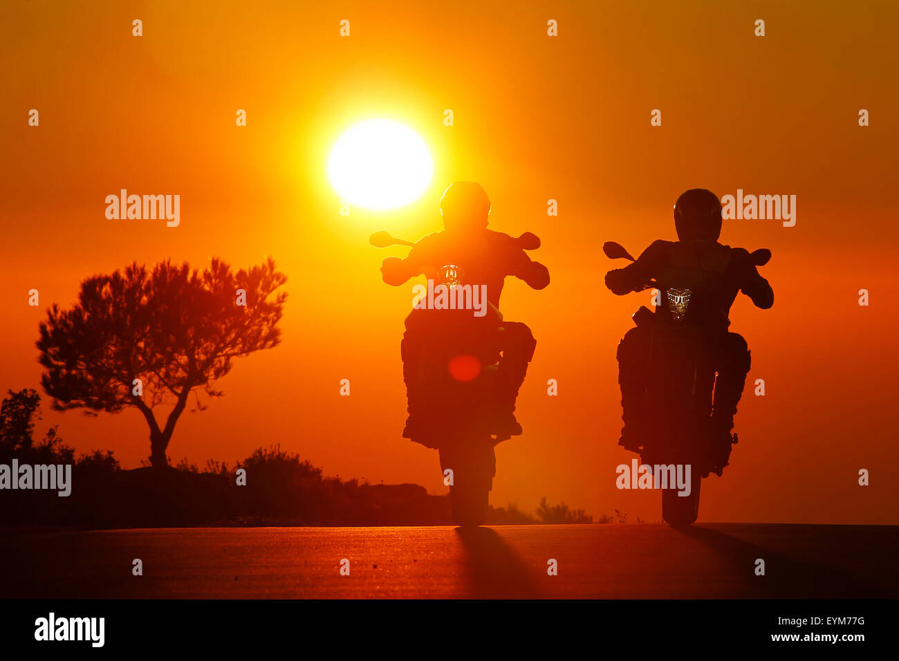 Motorräder, Funbikes, Husquarna Nuda 900R und KTM 990 SMC, Gegenlicht, Sonnenuntergang, Landstraße, Stockfoto