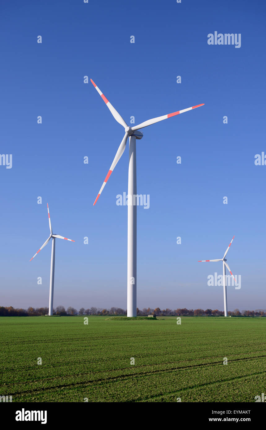 Drei Windkraftanlagen, Deutschland, Nordrhein-Westfalen, Neuss Stockfoto