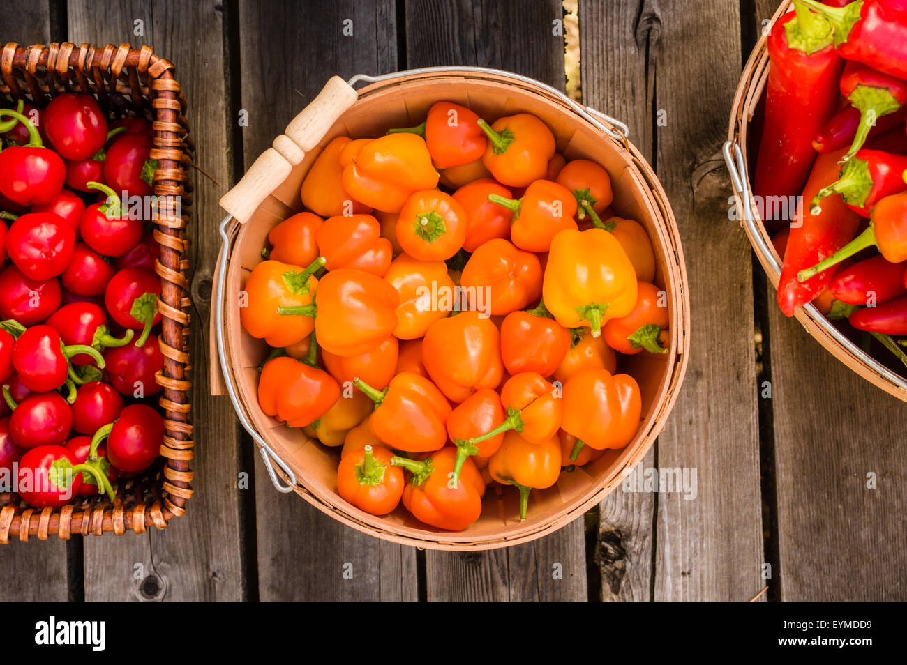 Rot und orange Peperoni in Flechtweide oder hölzerne Körbe Stockfoto