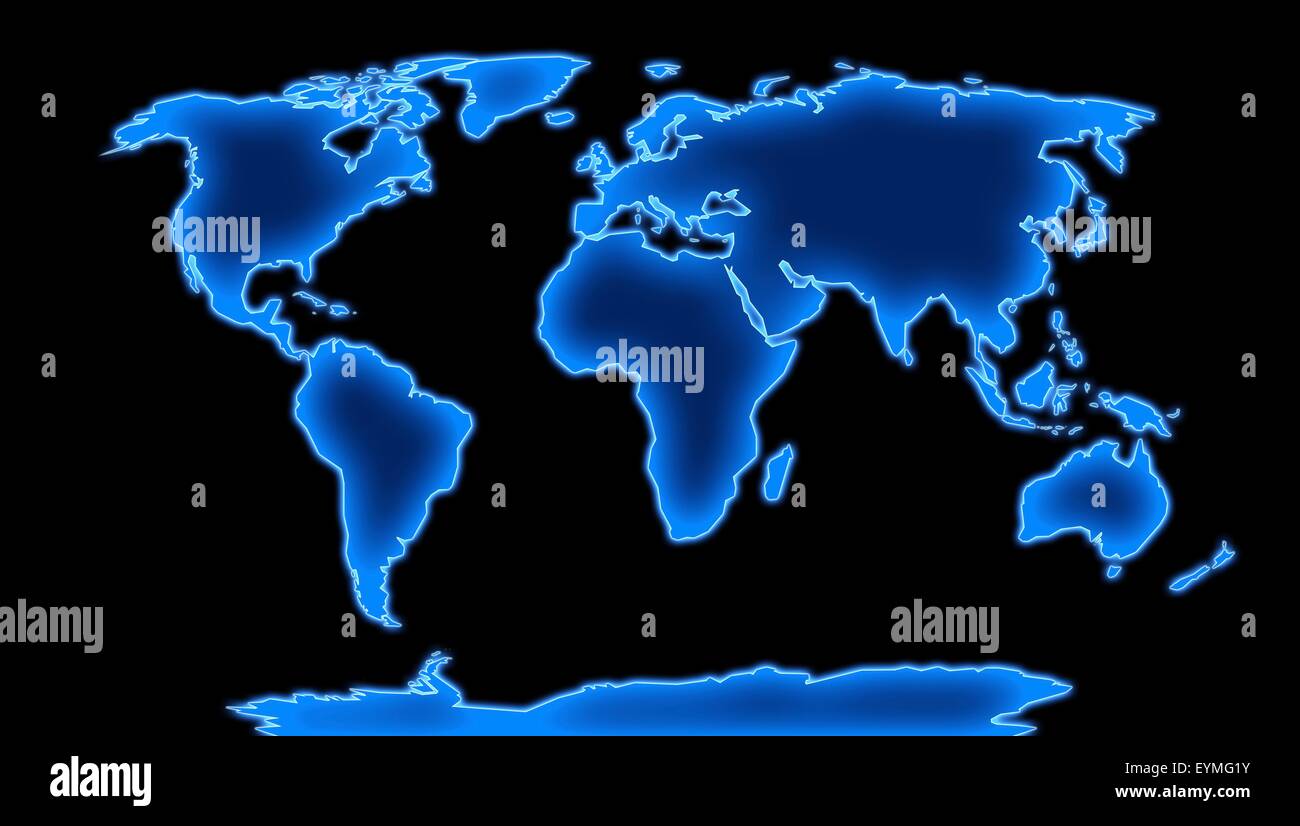 Computer Grafik einer Weltkarte zeigt die 7 Kontinente: Afrika, Nordamerika, Südamerika, Asien, Australien, Europa und der Antarktis. Stockfoto