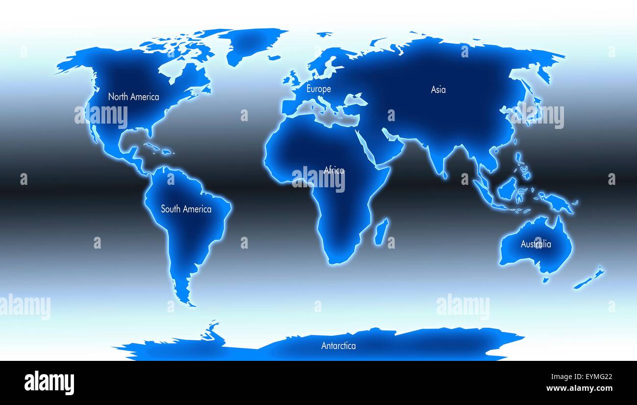 Computer Grafik einer Weltkarte zeigt die 7 Kontinente: Afrika, Nordamerika, Südamerika, Asien, Australien, Europa und der Antarktis. Stockfoto