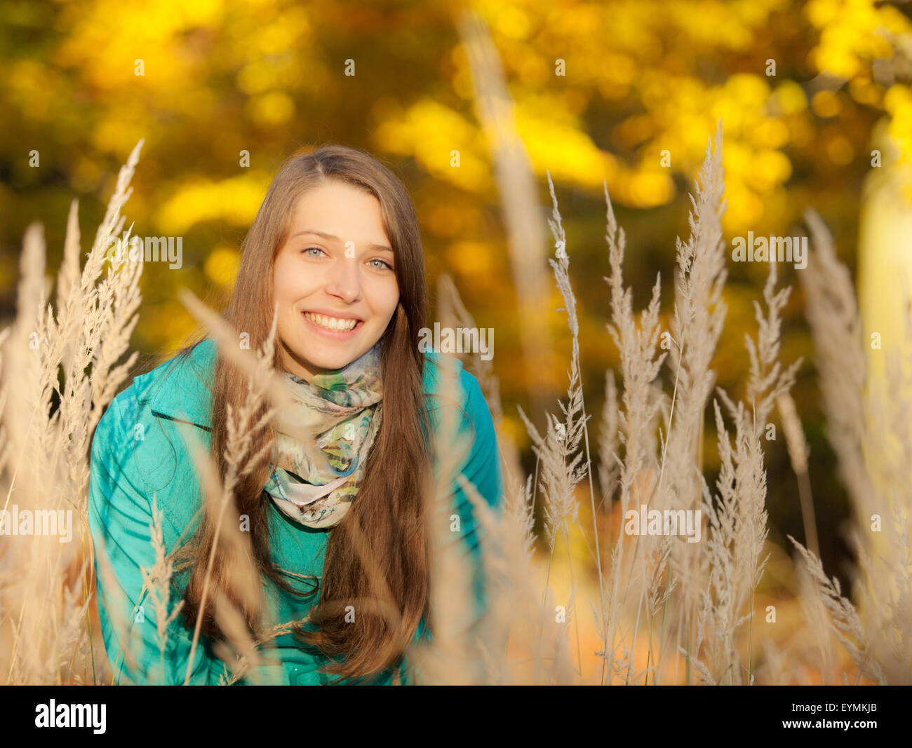 Schöne Mädchen Porträt im Herbst Rasen Stockfoto