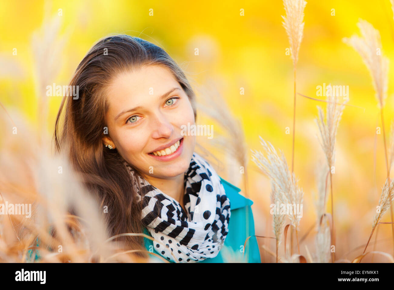 Schöne Mädchen Porträt im Herbst Rasen Stockfoto
