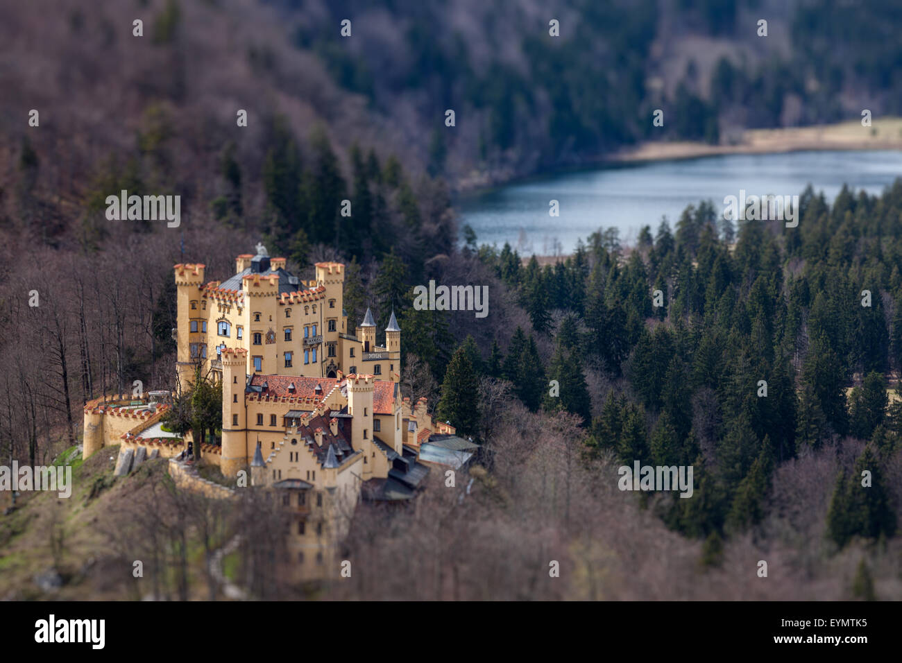 Hohenschwangau Schloss Schloss Hohenschwangau, Alpsee und Schwansee - Luftaufnahme vom Schloss Neuschwanstein mit tilt Shift Spielzeug Stockfoto