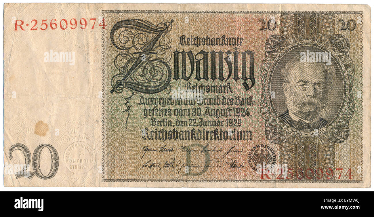 Reichsbank Banknote, Porträt von Ernst Werner von Siemens, 1816-1892, ein deutscher Erfinder, Stockfoto Reichsbank Banknote, Porträt von Ernst Werner von Siemens, 1816-1892, ein deutscher Erfinder, Stockfoto