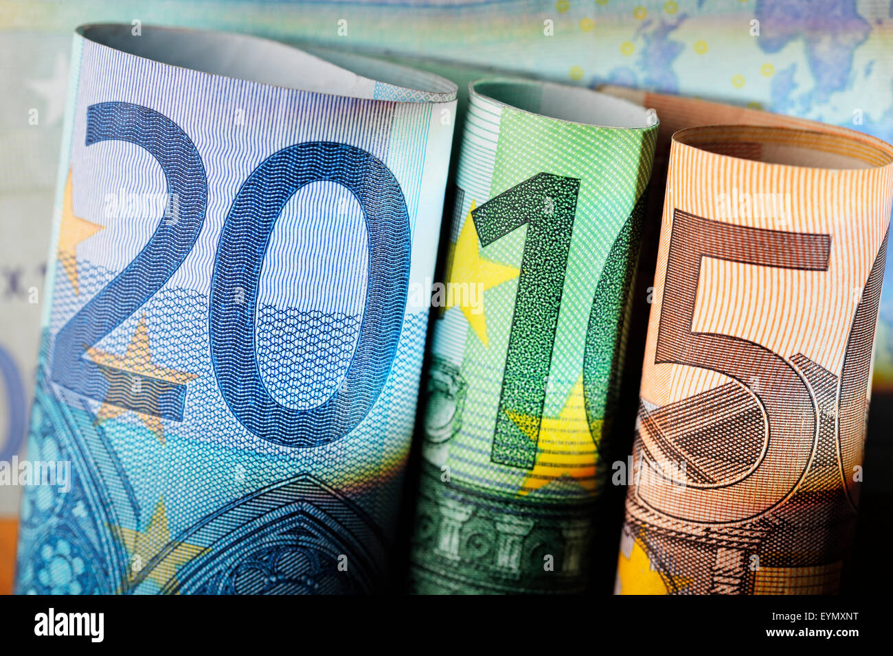 Anzahl 2015 gemacht von 20 Euro, 100 Euro und 50 Euro Rechnungen. Stockfoto