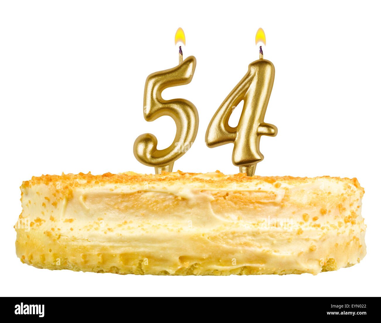 Geburtstagstorte mit Kerzen Zahl fünfzig vier isoliert auf weißem Hintergrund Stockfoto