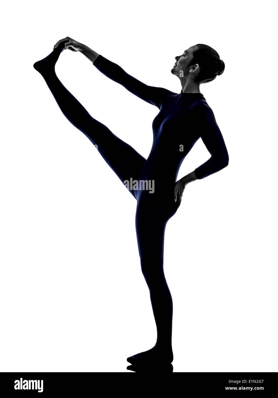 Frau Ausübung Hasta Padangusthasana übergeben Großzehe Pose Yoga Silhouette Schatten weißen Hintergrund Stockfoto