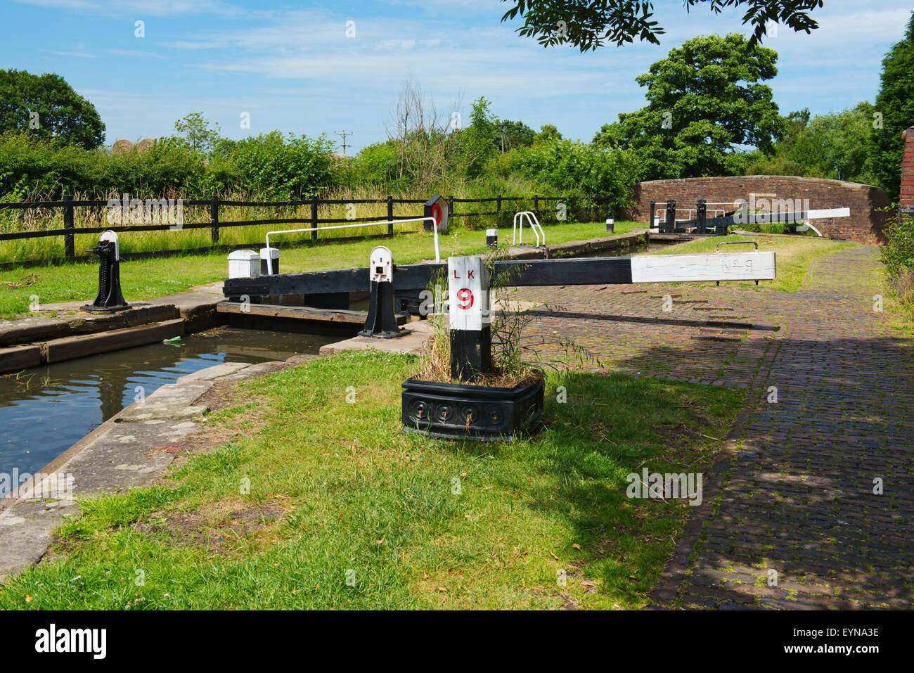 Handbetrieben Schleusentore auf Birmingham und Fazeley Canal, Sutton Coldfield West Midlands, UK Stockfoto