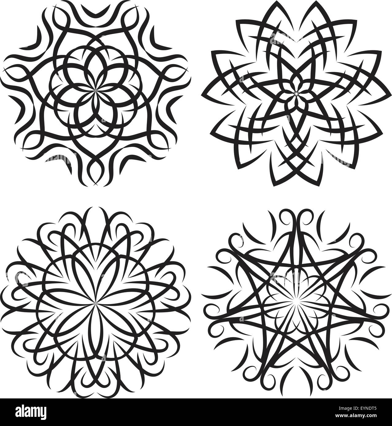 Vector set symmetrische Muster. Schneeflocken oder Blumen Stock Vektor