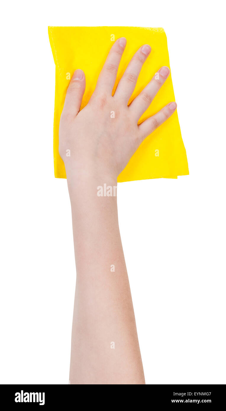 Hand mit gelb waschen Lappen isoliert auf weißem Hintergrund Stockfoto