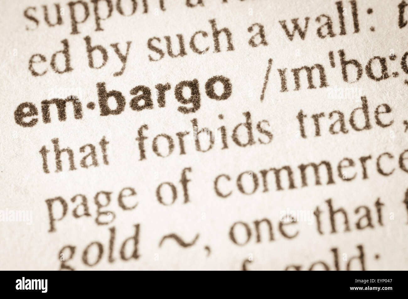 Definition des Wortes Embargo im Wörterbuch Stockfoto