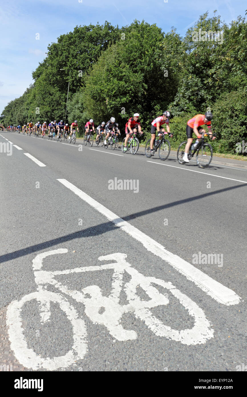 Esher, Surrey, England, UK. 2. August 2015. Teilnahme an der aufsichtsrechtlichen RideLondon-Surrey 100 Amateur-Radfahrer. Die 100-Meilen-Herausforderung ist auf der gleichen Strecke wie die Profis mit den zusätzlichen Anreiz von Geld für wohltätige Zwecke zu sammeln. Eine Gruppe von Radfahrern verlaufen entlang der Portsmouth Road in Richtung Kingston am Bein der Fahrt heimwärts. Stockfoto