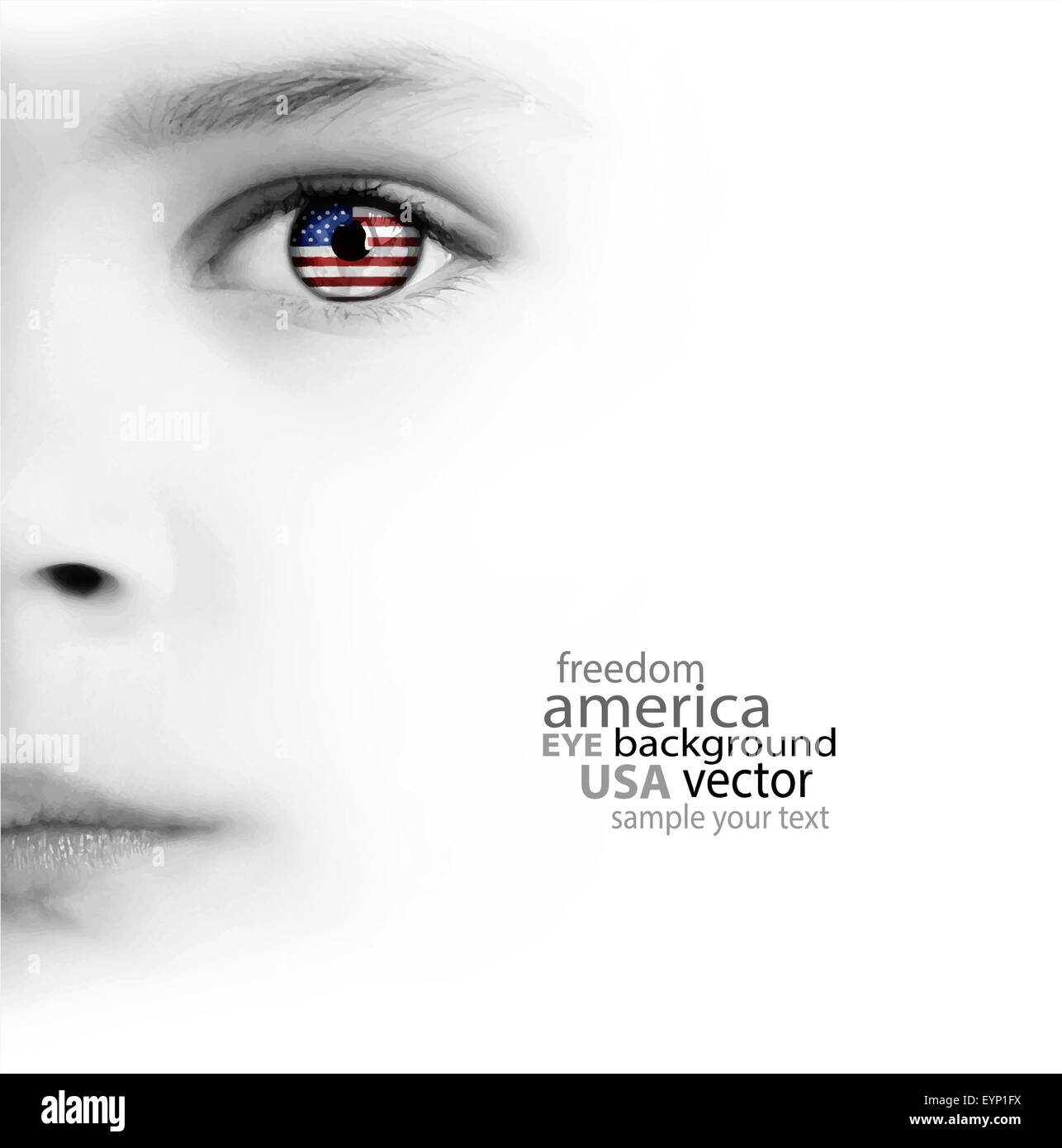 Weißen Hintergrund mit Schönheit Kindes Gesicht, Auge und amerikanische Flagge Stock Vektor