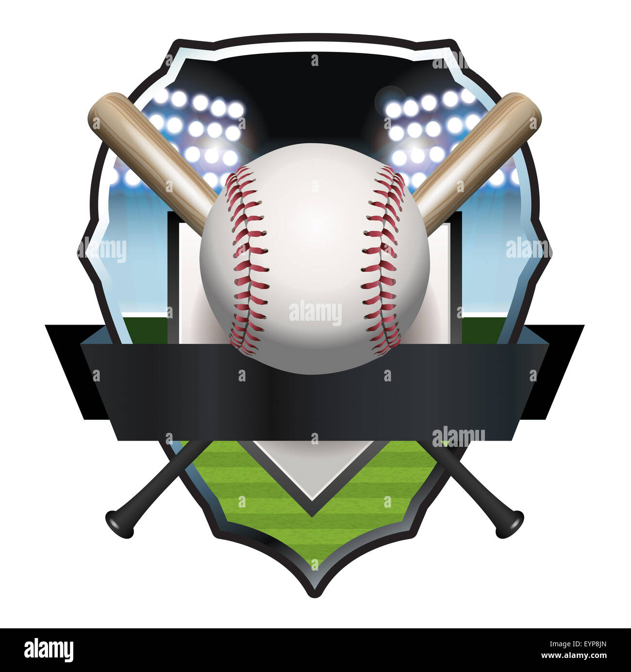 Eine Abbildung von einem Baseball, Bat und Abzeichen Feldvorlage. Stockfoto
