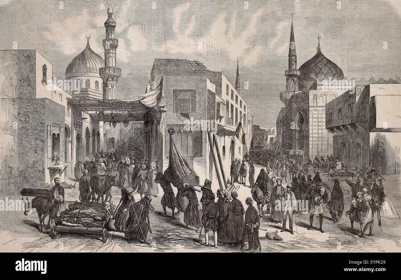 Die alten Viertel von Kairo, Ägypten, während die Prävalenz der Cholera - die Entfernung der Kranken und Toten, ca. 1865 Stockfoto