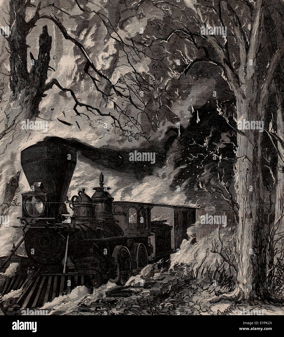 Reisen durchs Feuer - Angst vor Gefahr eines Eisenbahn-Zug, am Cedar Sumpf. auf der östlichen Eisenbahn, Maine, Sonntag, 17. September 1865 Stockfoto