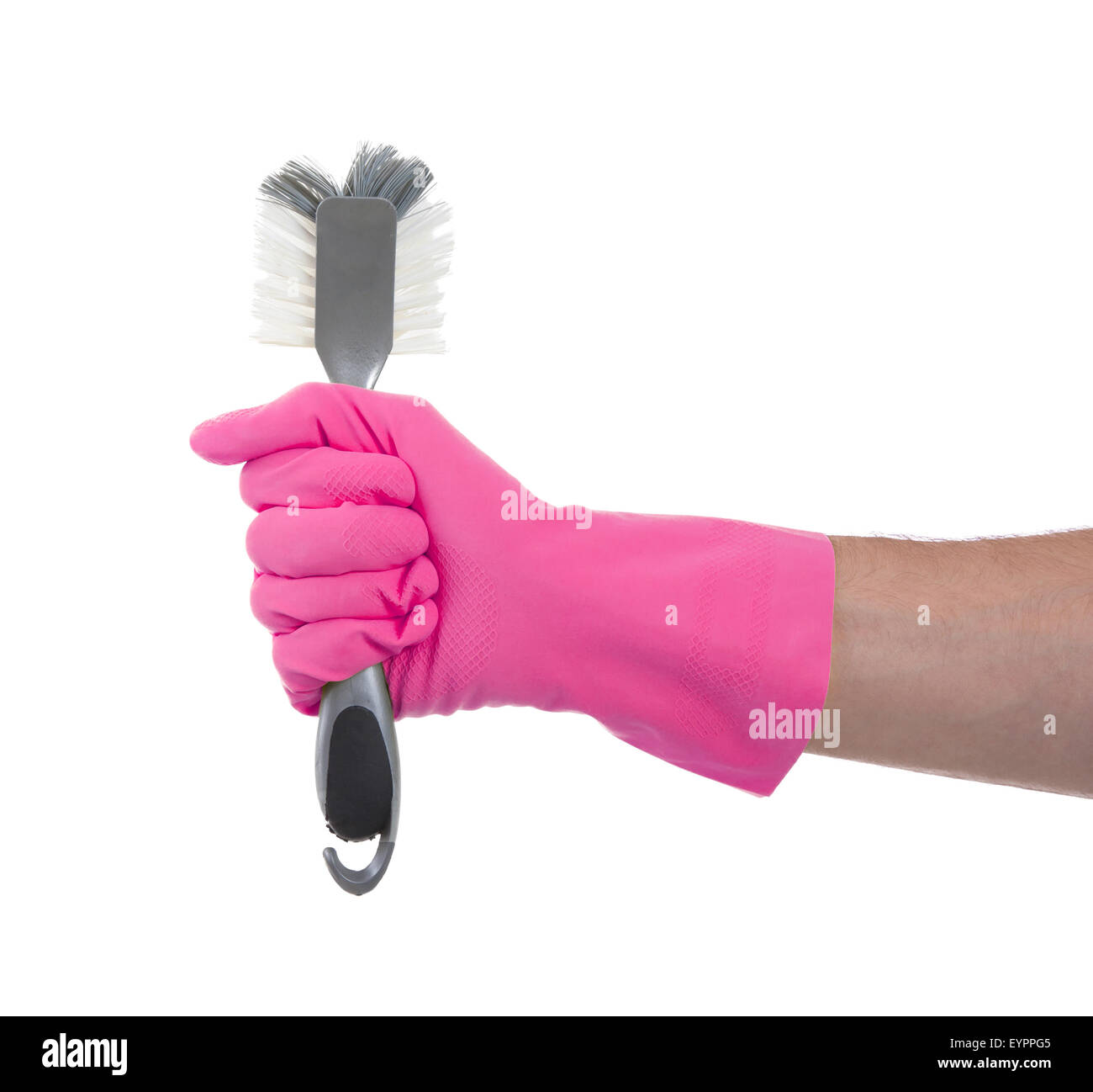 Hand mit einem Schutz-Handschuh hält eine Schüssel-Bürste Stockfoto