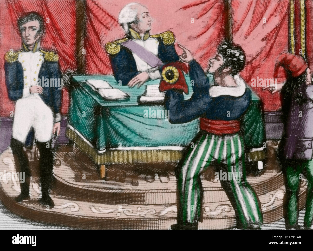 Französische Revolution. 1789-1799. Sansculottes bietet die phrygische Mütze,  symbol Revolution, an König Louis XVI (Presoner). Gravur. Farbige  Stockfotografie - Alamy