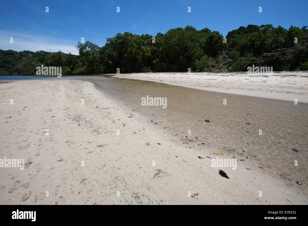 Weißer Sand und Süßwasserströme am Strand an einer Mündung in Sancang, an der Südküste der indonesischen Insel Java. Stockfoto