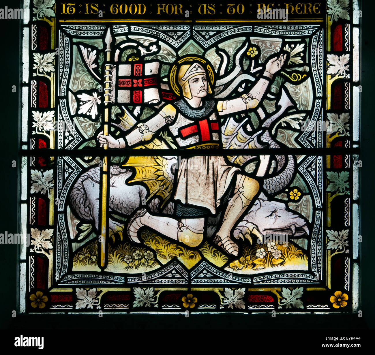 Der Heilige Georg und der Drache Glasmalerei, St. Georgs-Kirche, Falfield, Gloucestershire, England, UK Stockfoto