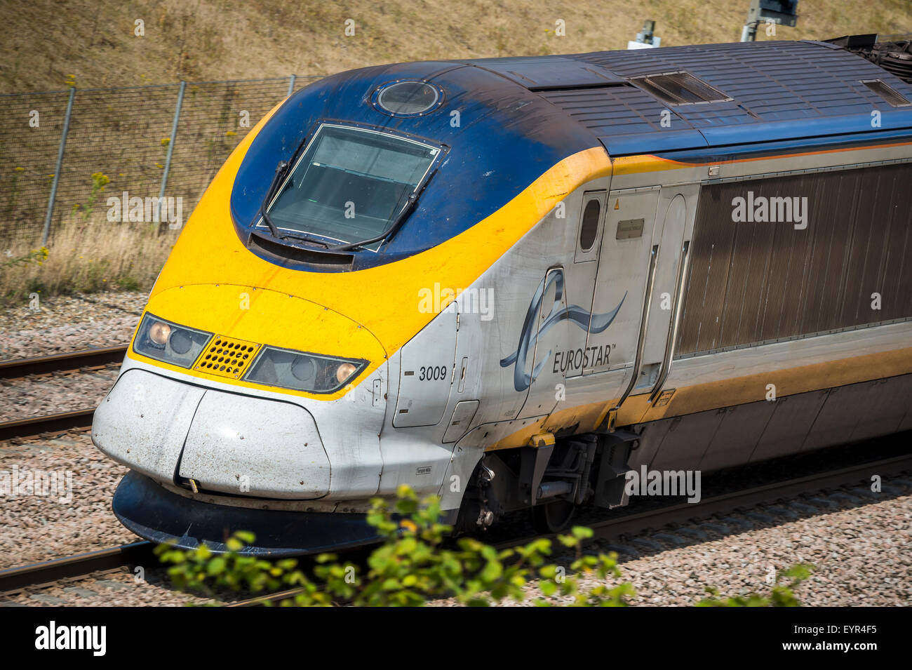 Eurostar-Zug durch die Landschaft in Kent, England. Stockfoto